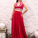 Rani Pink Velvet Lehenga with Hand Embroidered Halter Neck Top side 
