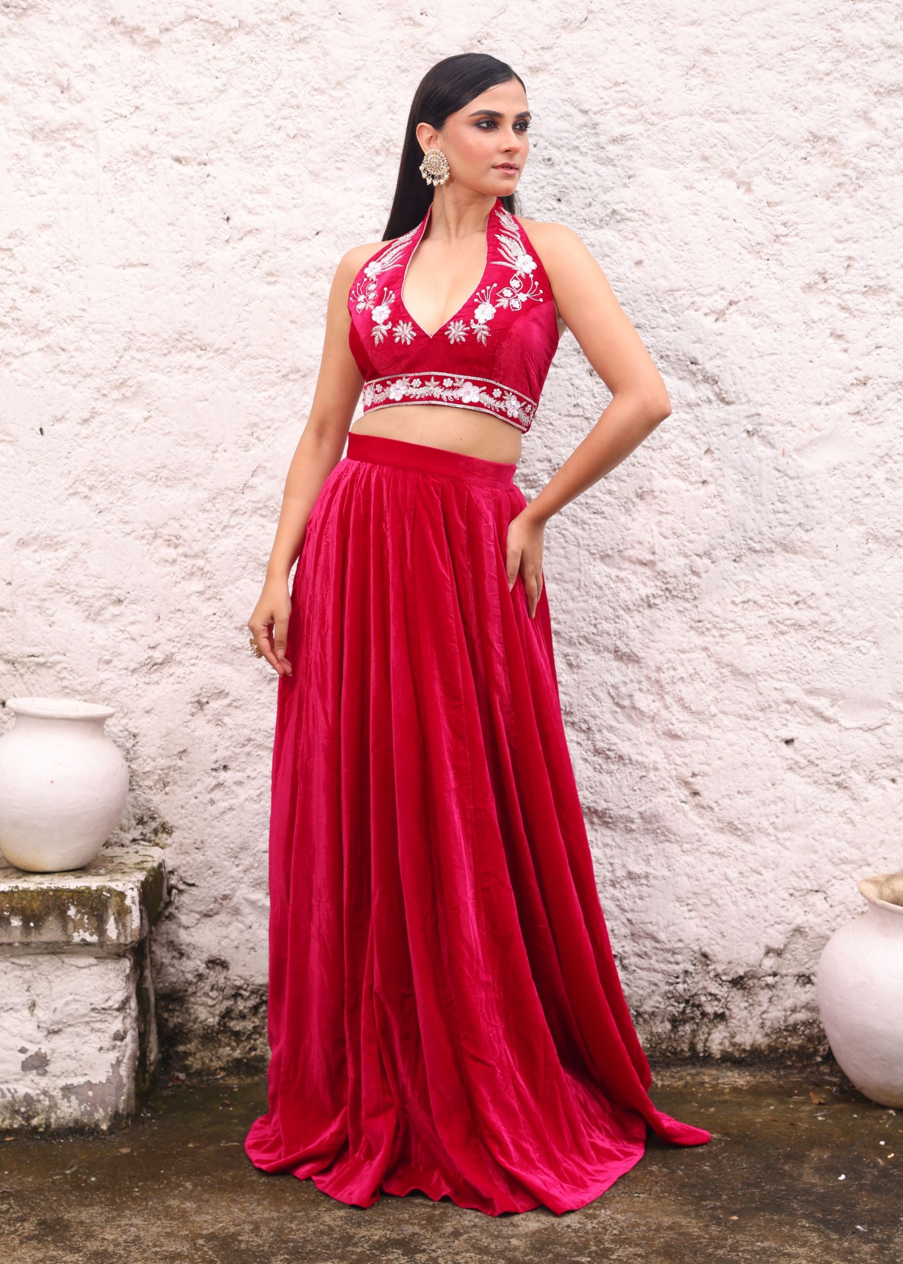 Rani Pink Velvet Lehenga with Hand Embroidered Halter Neck Top side 