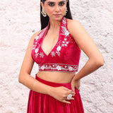 Rani Pink Velvet Lehenga with Hand Embroidered Halter Neck Top close up