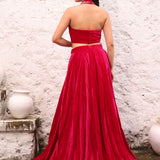 Rani Pink Velvet Lehenga with Hand Embroidered Halter Neck Top back