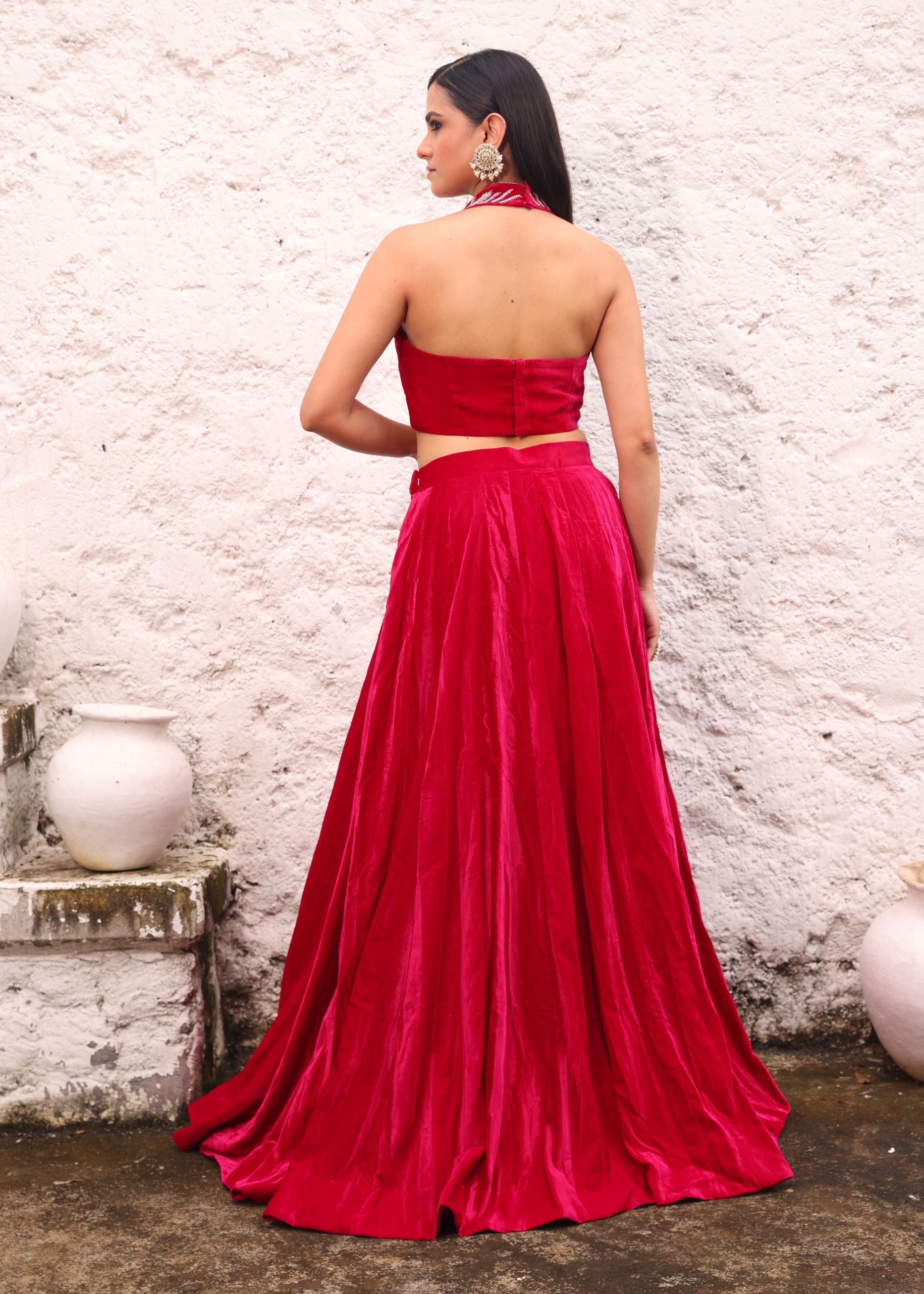 Rani Pink Velvet Lehenga with Hand Embroidered Halter Neck Top back