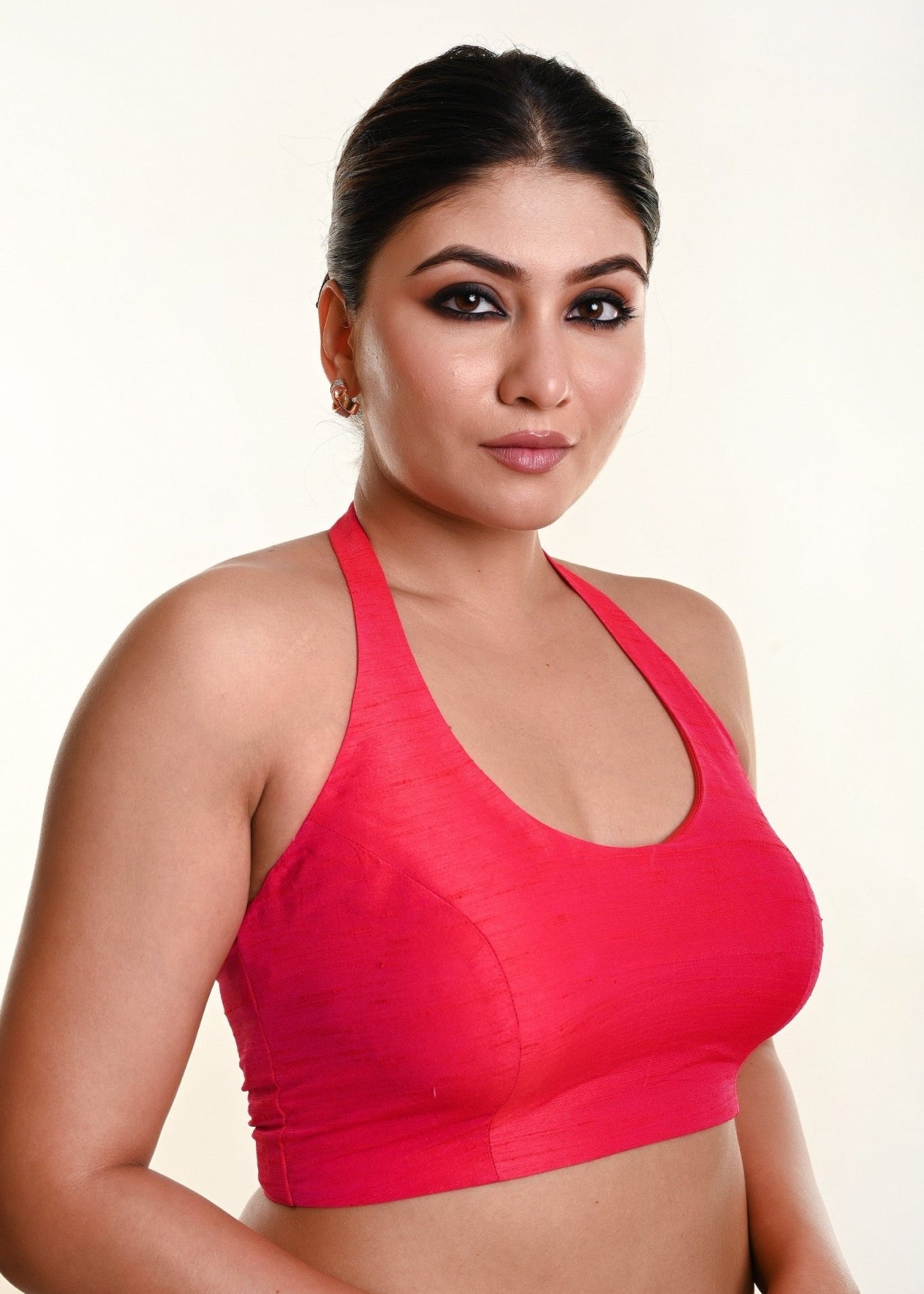 Rani pink halter neck blouse — side profile view showing neckline depth