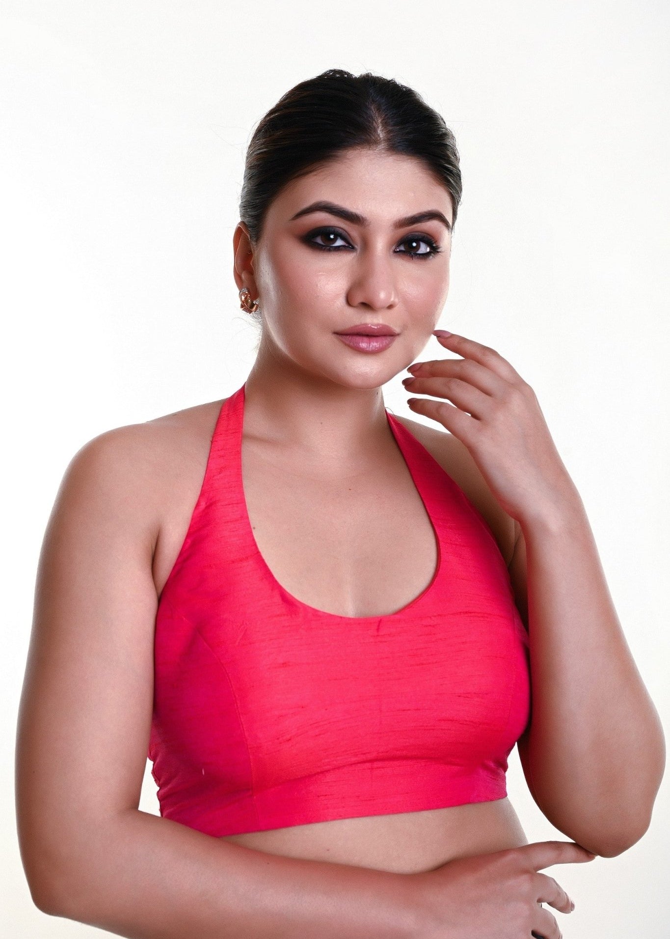 Rani pink halter neck saree blouse in cotton silk — front view — Anvi Couture