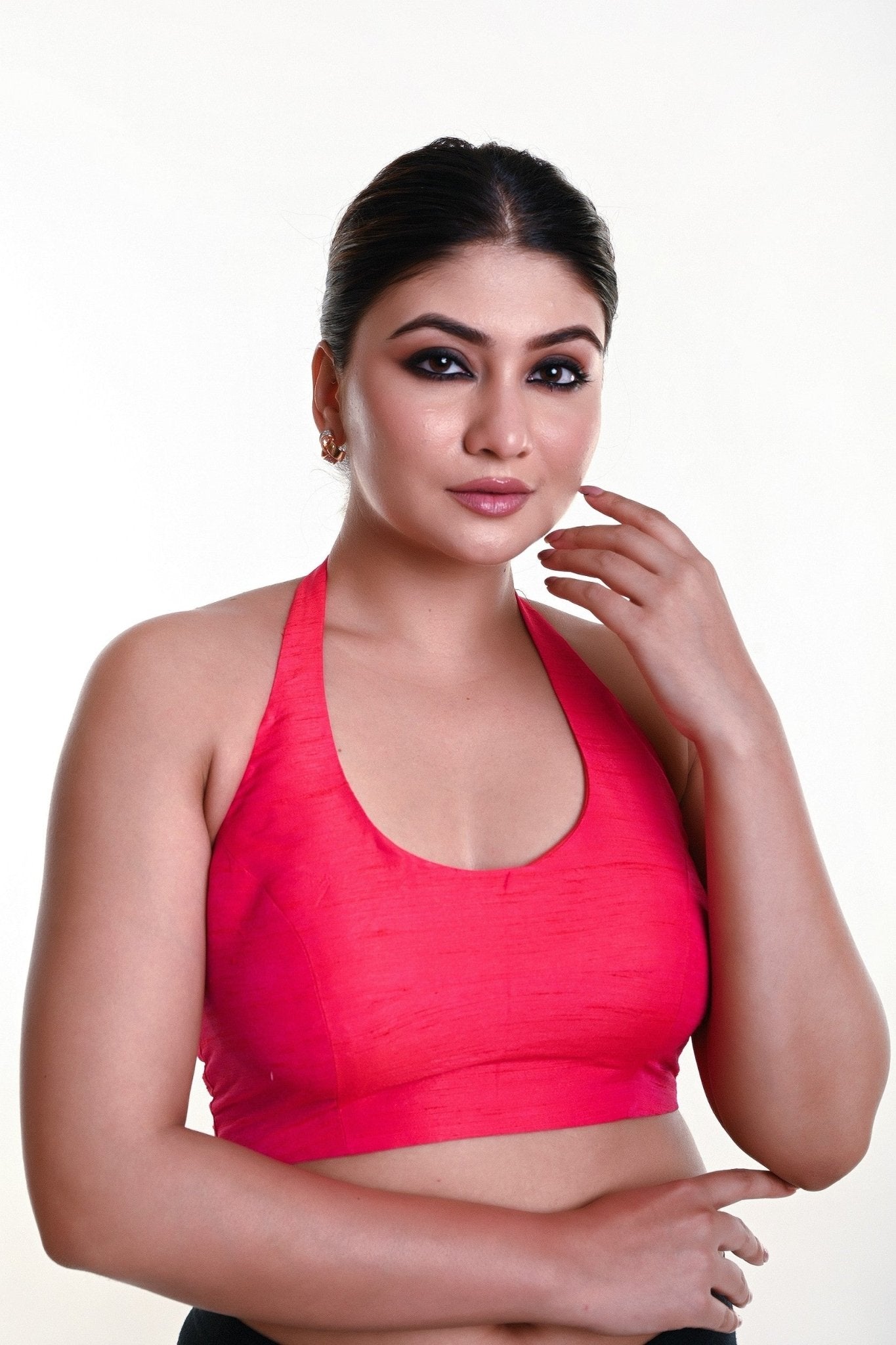 Rani pink halter neck saree blouse in cotton silk — front view — Anvi Couture