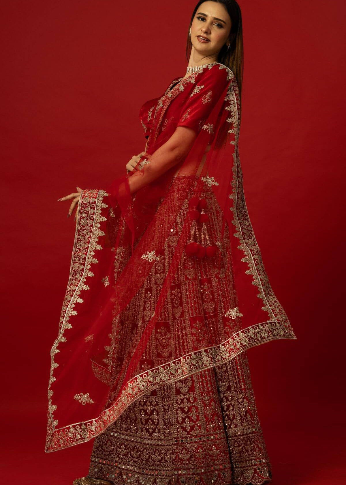 Bridal Red Velvet Lehenga with Zardozi Detailing for Special Occasions