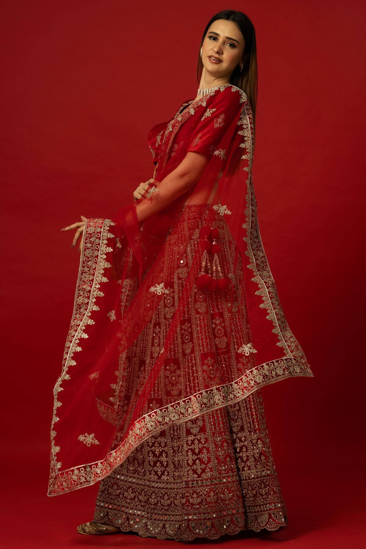 Bridal Red Velvet Lehenga with Zardozi Detailing for Special Occasions