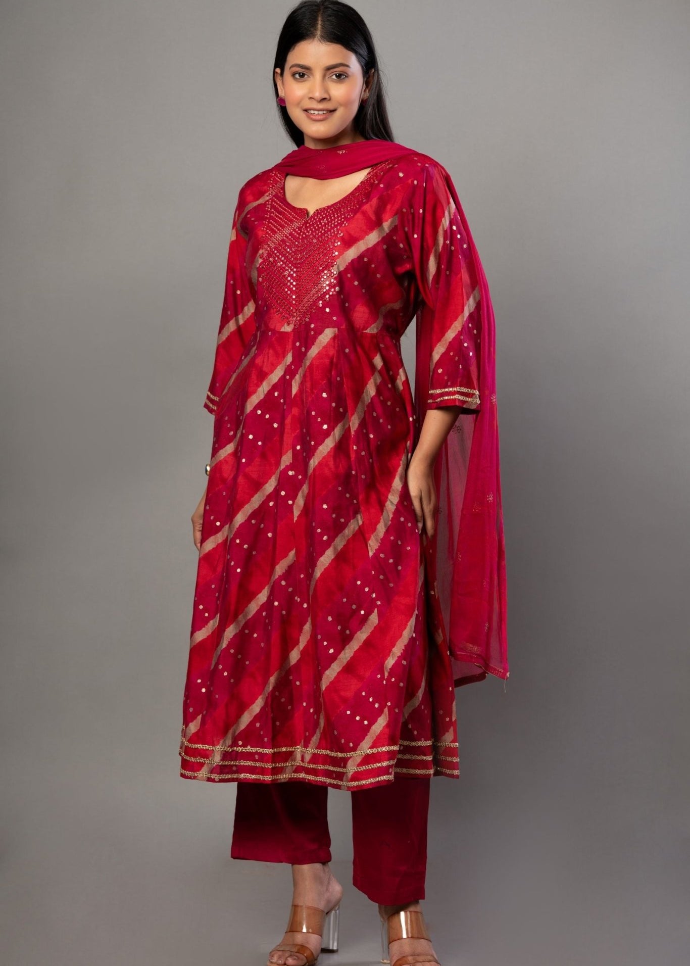 Red Anarkali Suit Set with Dupatta - Anvi Couture