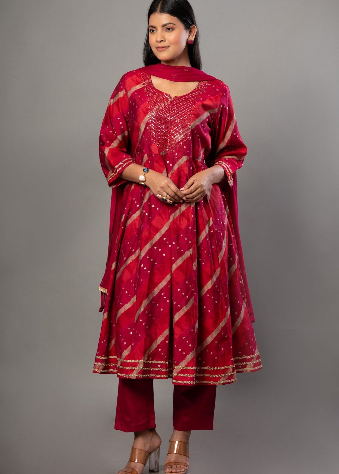 Red Anarkali Suit Set with Dupatta - Anvi Couture