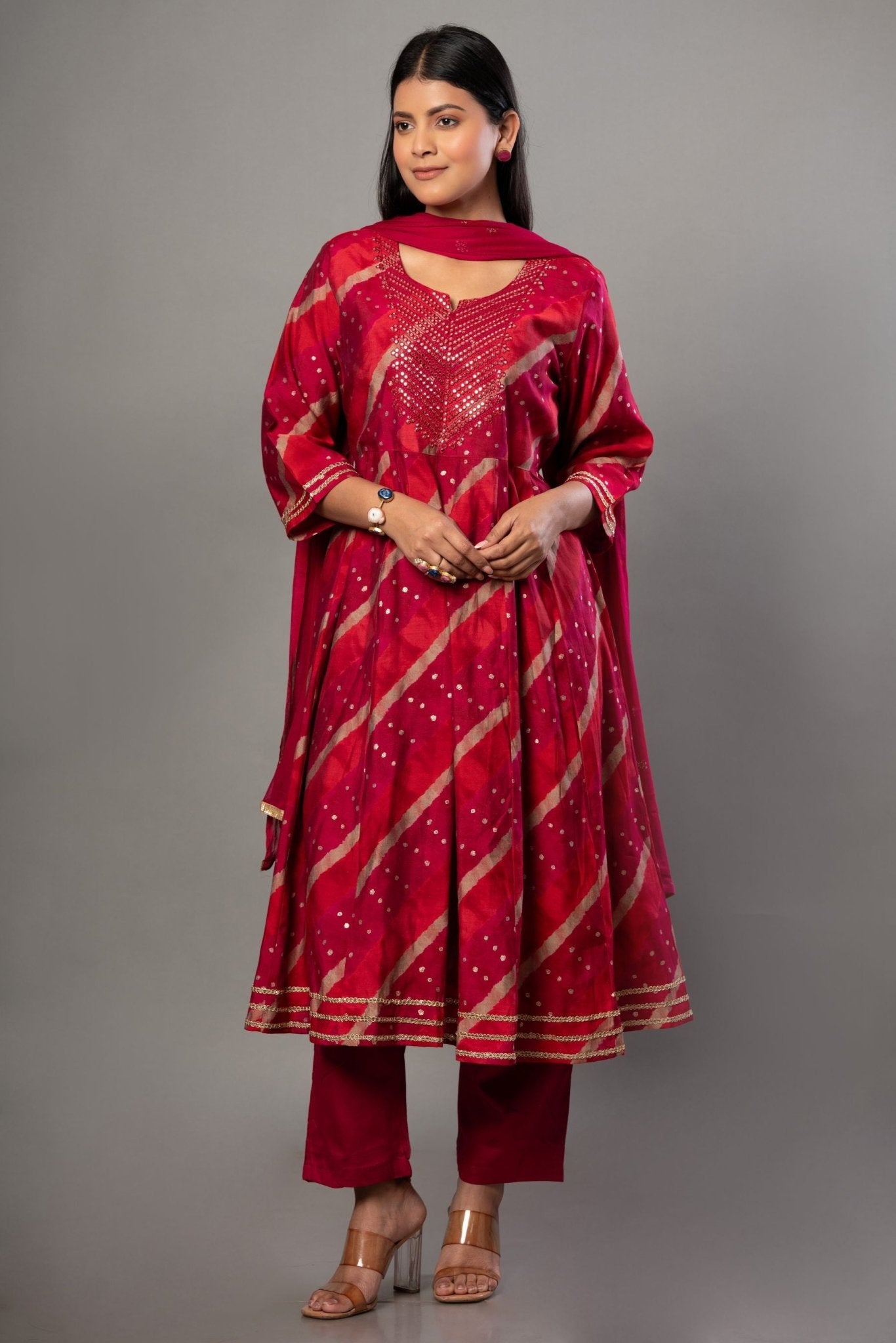 Red Anarkali Suit Set with Dupatta - Anvi Couture