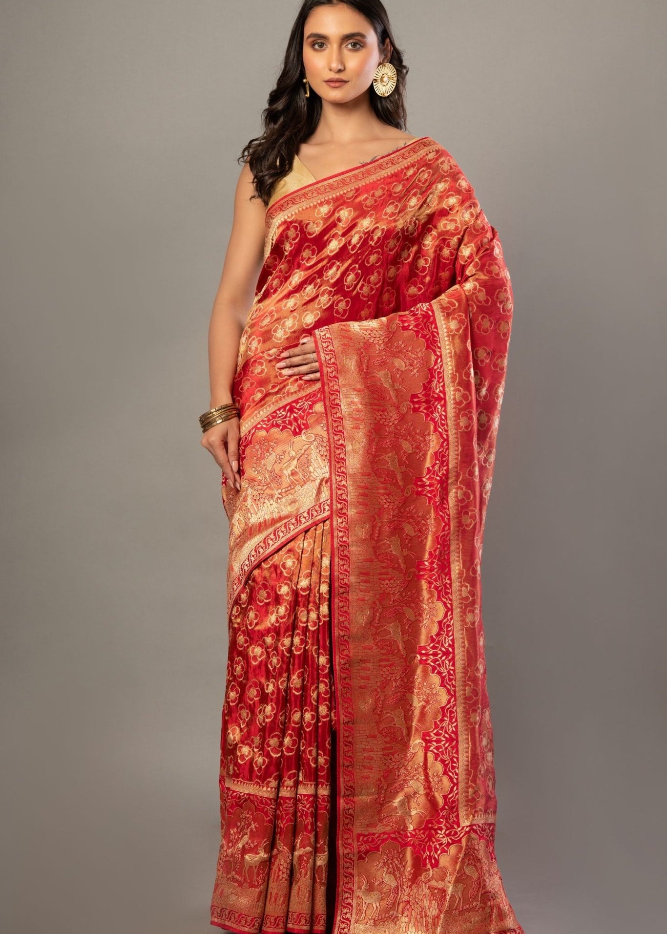 Red Banarasi Tissue Silk Saree with Allover Gold Zari Woven - Anvi Couture