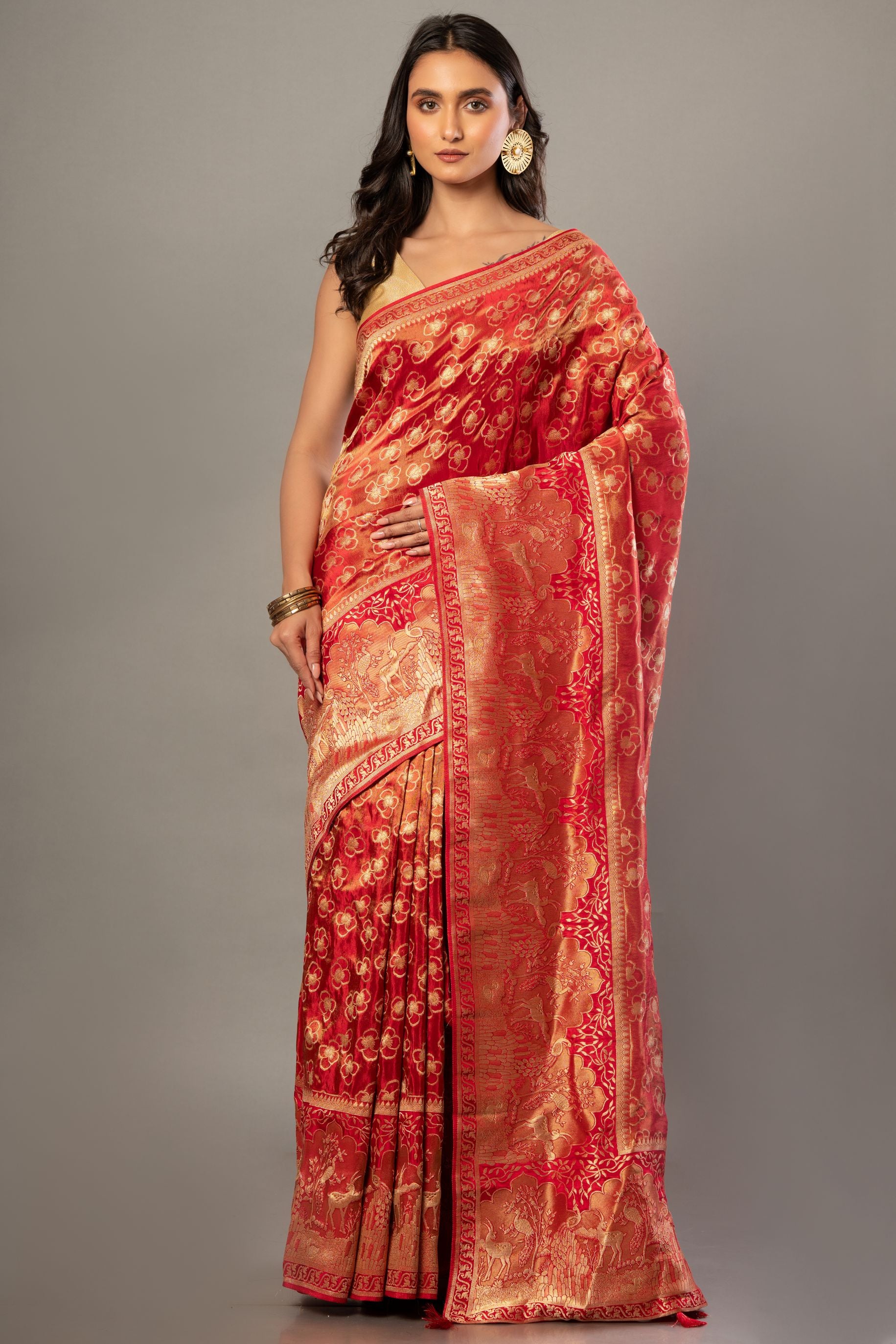 Red Banarasi Tissue Silk Saree with Allover Gold Zari Woven Full
