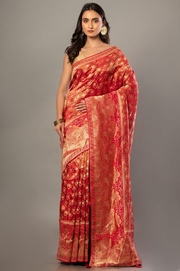 Red Banarasi Tissue Silk Saree with Allover Gold Zari Woven Full

