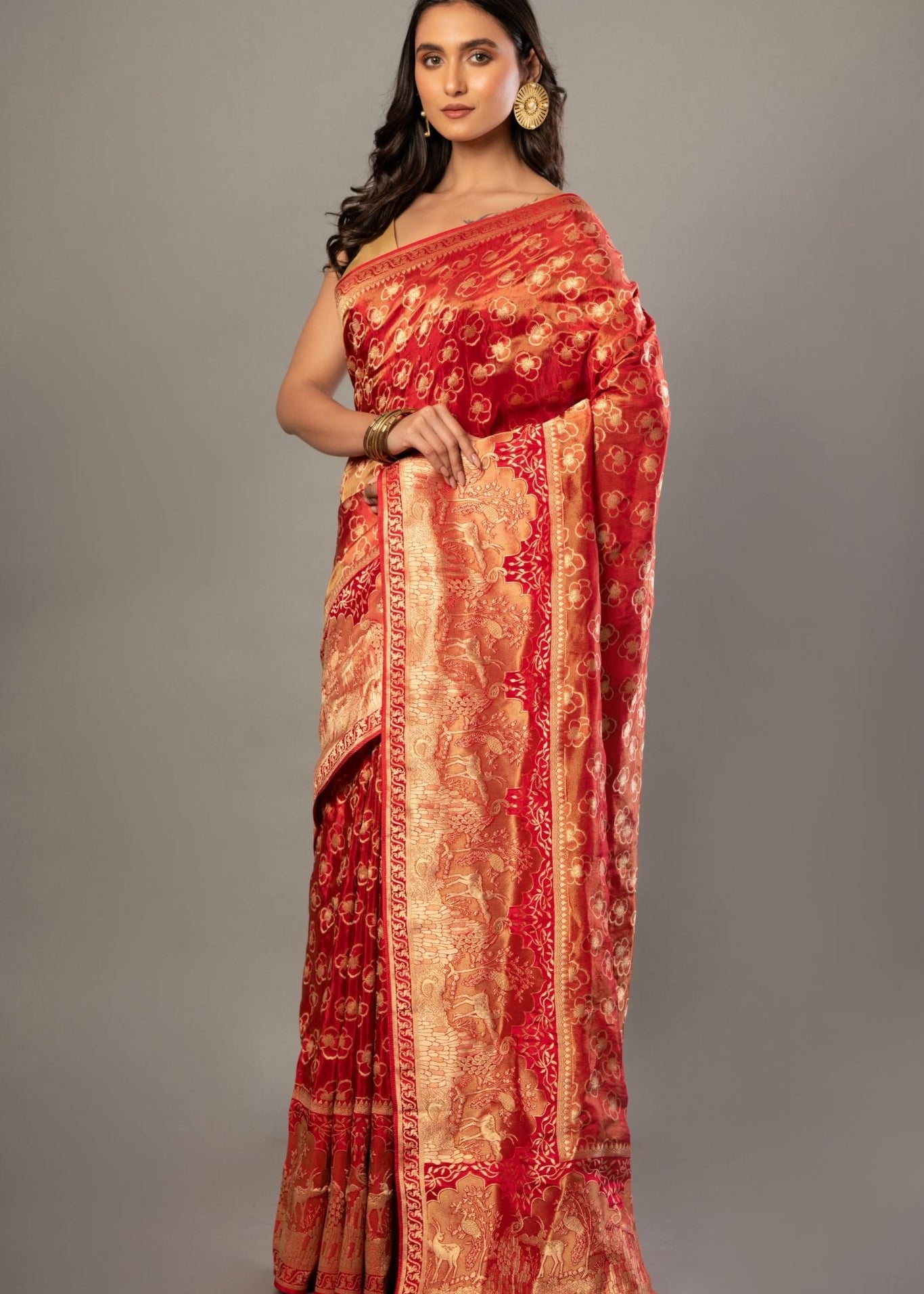 Red Banarasi Tissue Silk Saree with Allover Gold Zari Woven - Anvi Couture
