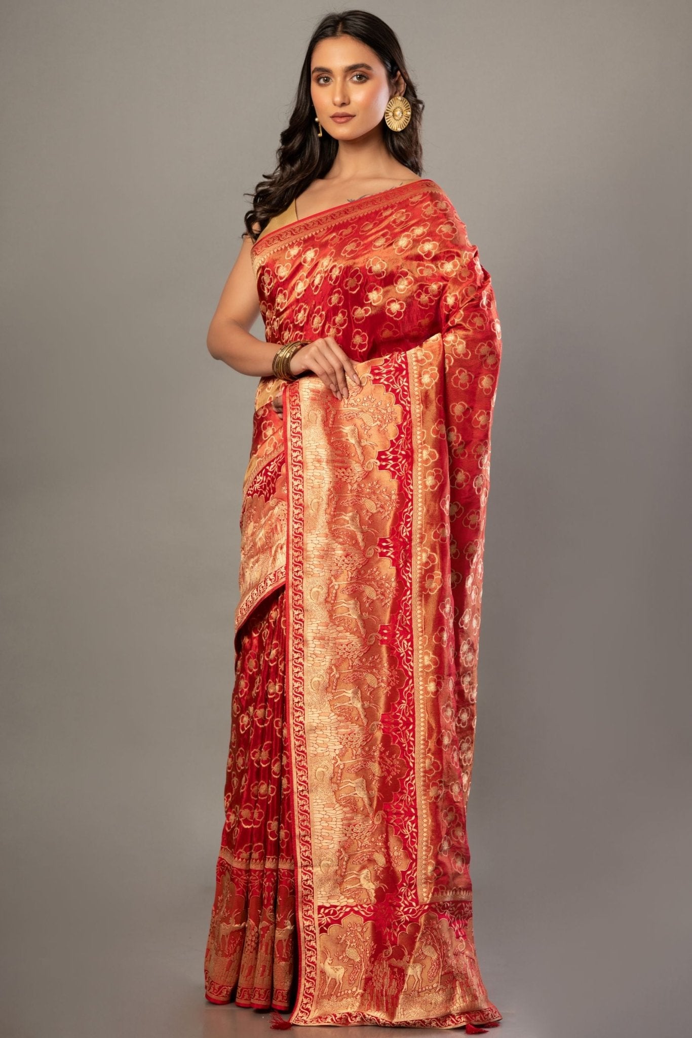 Red Banarasi Tissue Silk Saree with Allover Gold Zari Woven - Anvi Couture