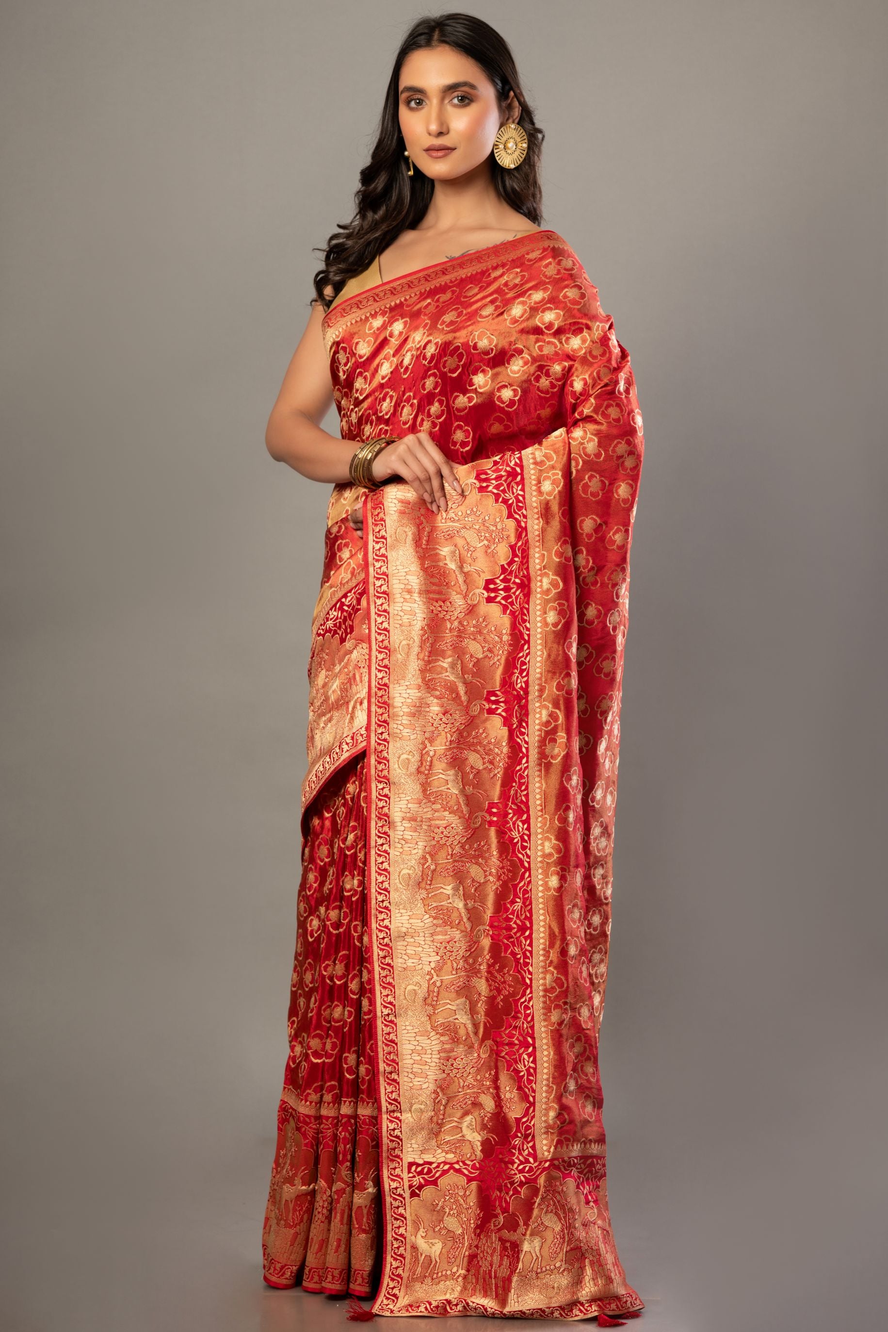 Red Banarasi Tissue Silk Saree with Allover Gold Zari Woven Front

