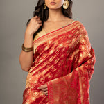 Red Banarasi Tissue Silk Saree with Allover Gold Zari Woven Close Up
