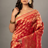 Red Banarasi Tissue Silk Saree with Allover Gold Zari Woven Close Up
