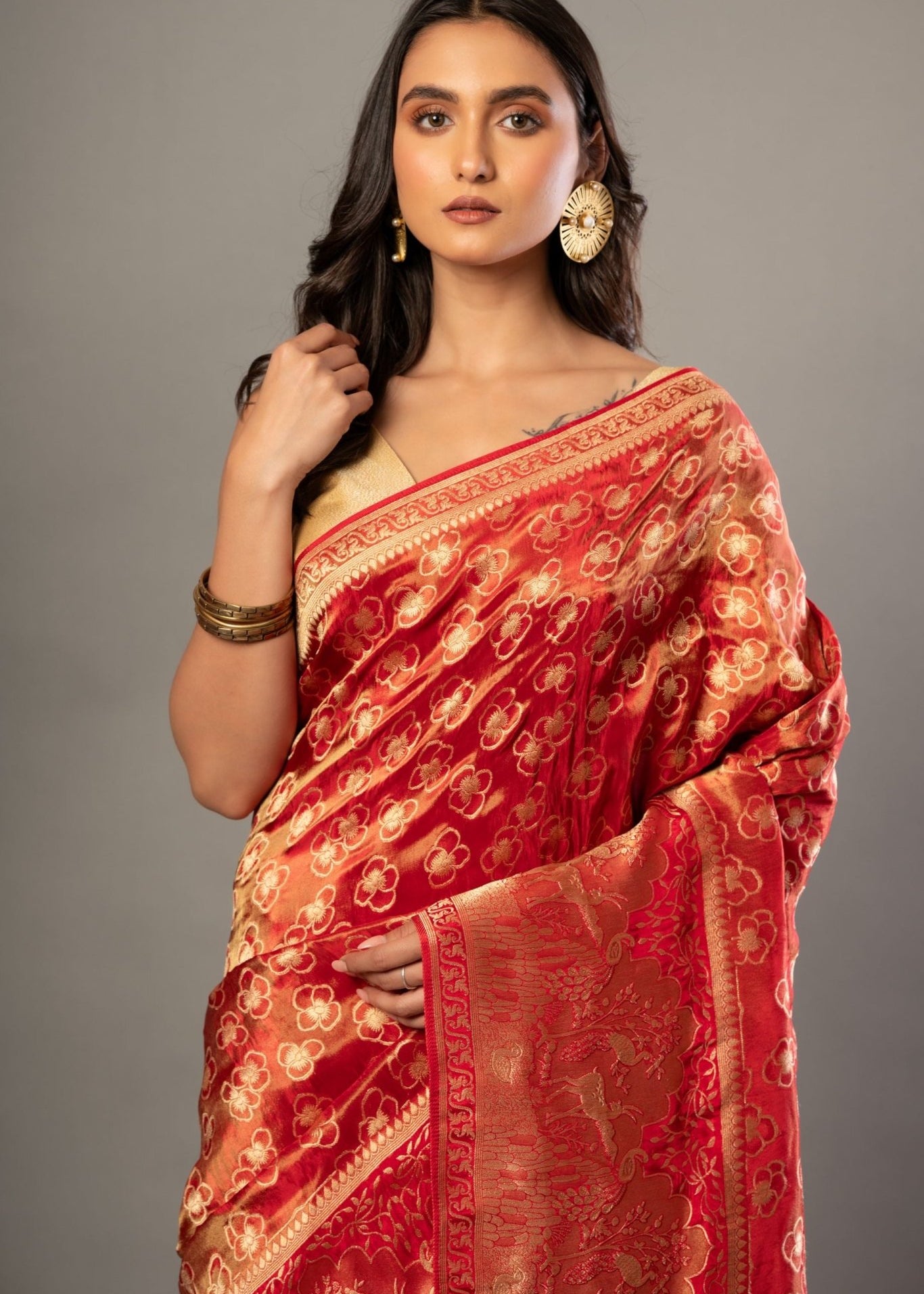 Red Banarasi Tissue Silk Saree with Allover Gold Zari Woven - Anvi Couture