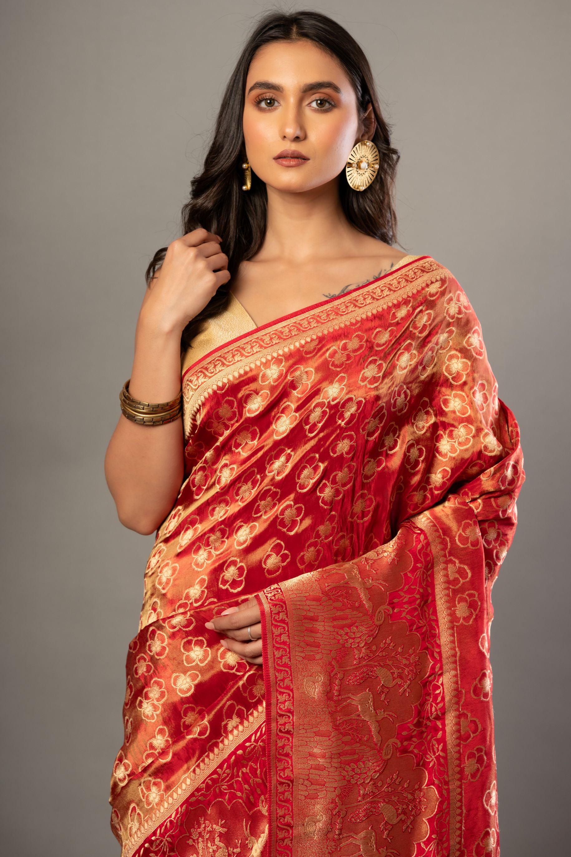 Red Banarasi Tissue Silk Saree with Allover Gold Zari Woven Close Up
