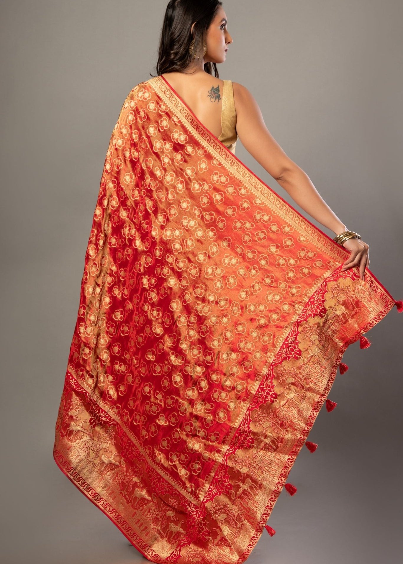 Red Banarasi Tissue Silk Saree with Allover Gold Zari Woven - Anvi Couture