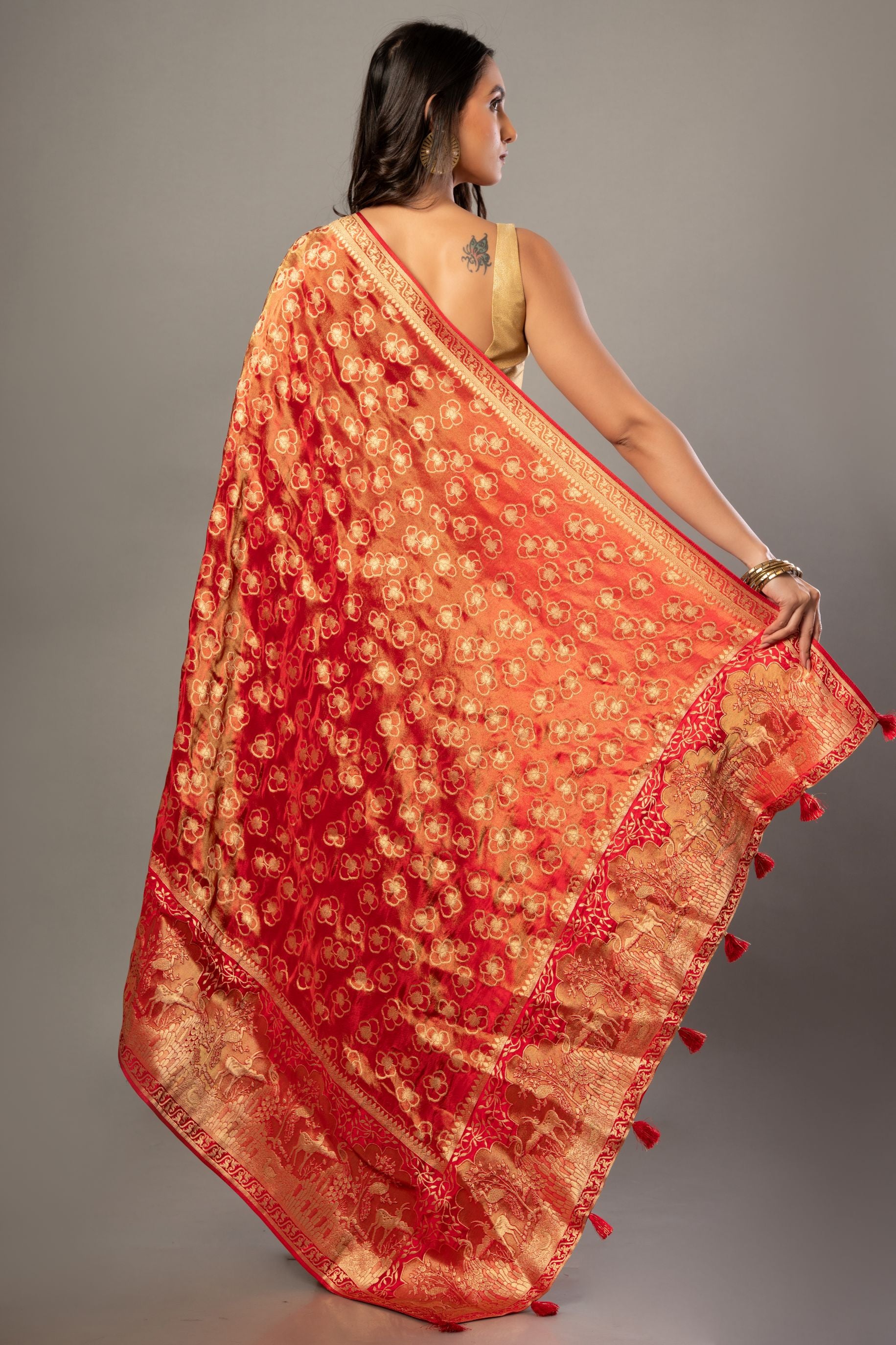 Red Banarasi Tissue Silk Saree with Allover Gold Zari Woven Back
