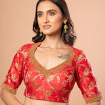 Red Banarasi brocade blouse — full length view showing sleeve and hem