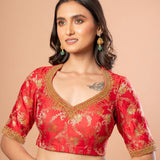 Red Banarasi brocade blouse — full length view showing sleeve and hem
