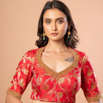 Red Banarasi brocade bridal blouse — front view with aari hand embroidery