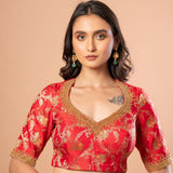 Red Banarasi brocade bridal blouse — front view with aari hand embroidery