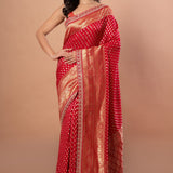 Red Banarsi Wedding Saree With All over Zari work and Embroidered Lace Border - Anvi Couture - front 1