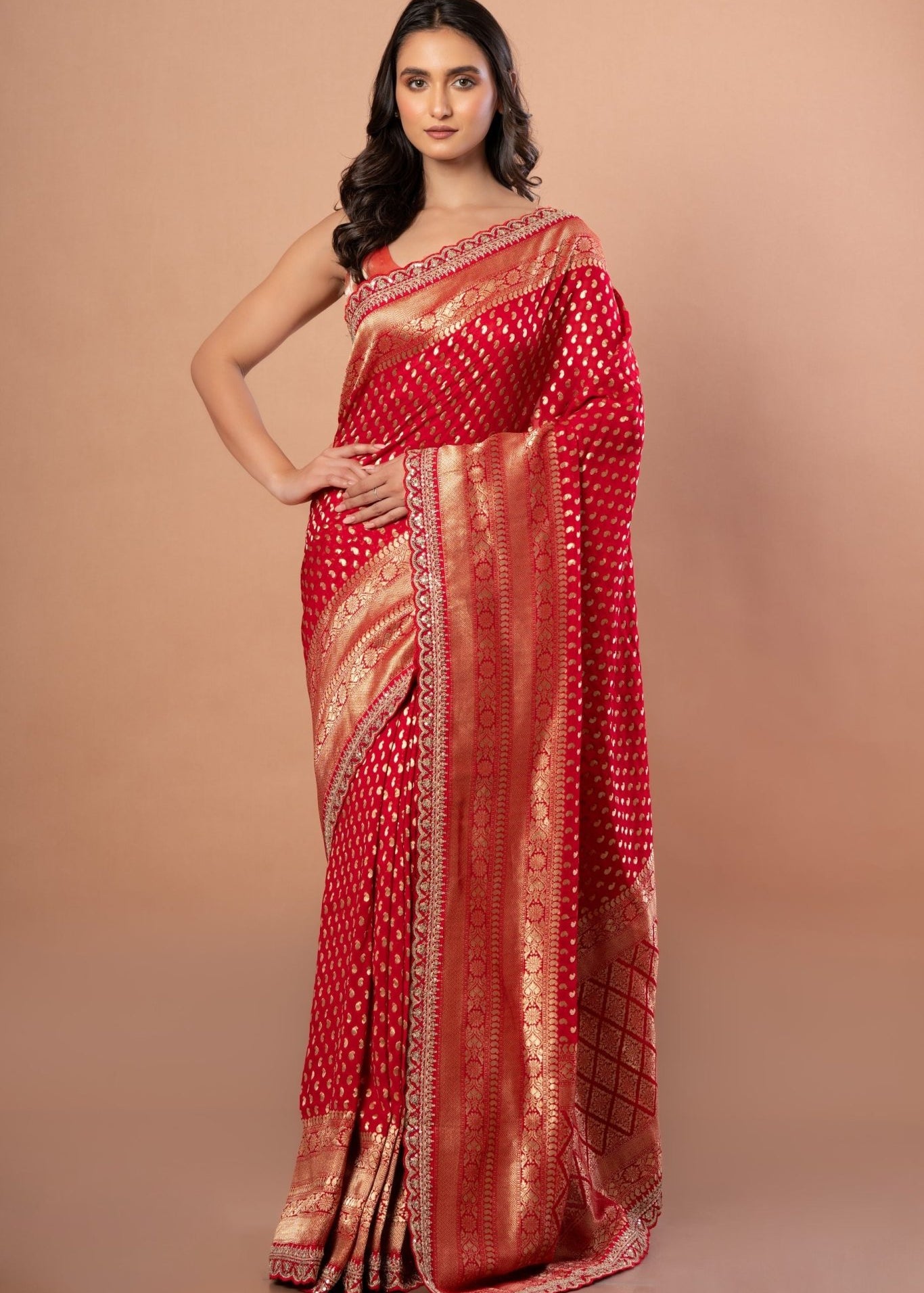Red Banarsi Wedding Saree With All over Zari work and Embroidered Lace Border - Anvi Couture - front 1