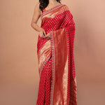 Red Banarsi Wedding Saree With All over Zari work and Embroidered Lace Border - Anvi Couture - front 2