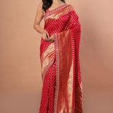 Red Banarsi Wedding Saree With All over Zari work and Embroidered Lace Border - Anvi Couture - front 2