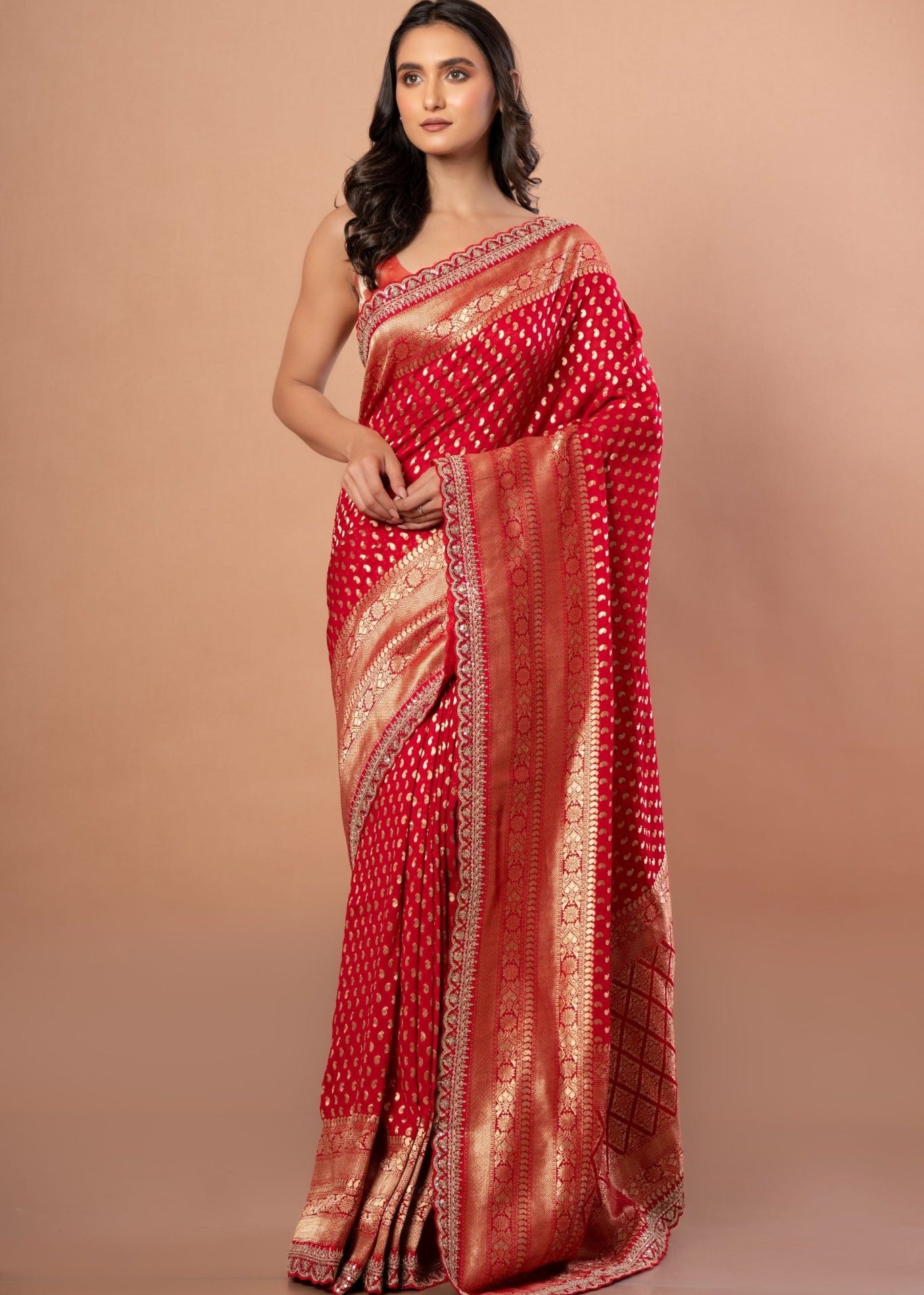 Red Banarsi Wedding Saree With All over Zari work and Embroidered Lace Border - Anvi Couture - front 2