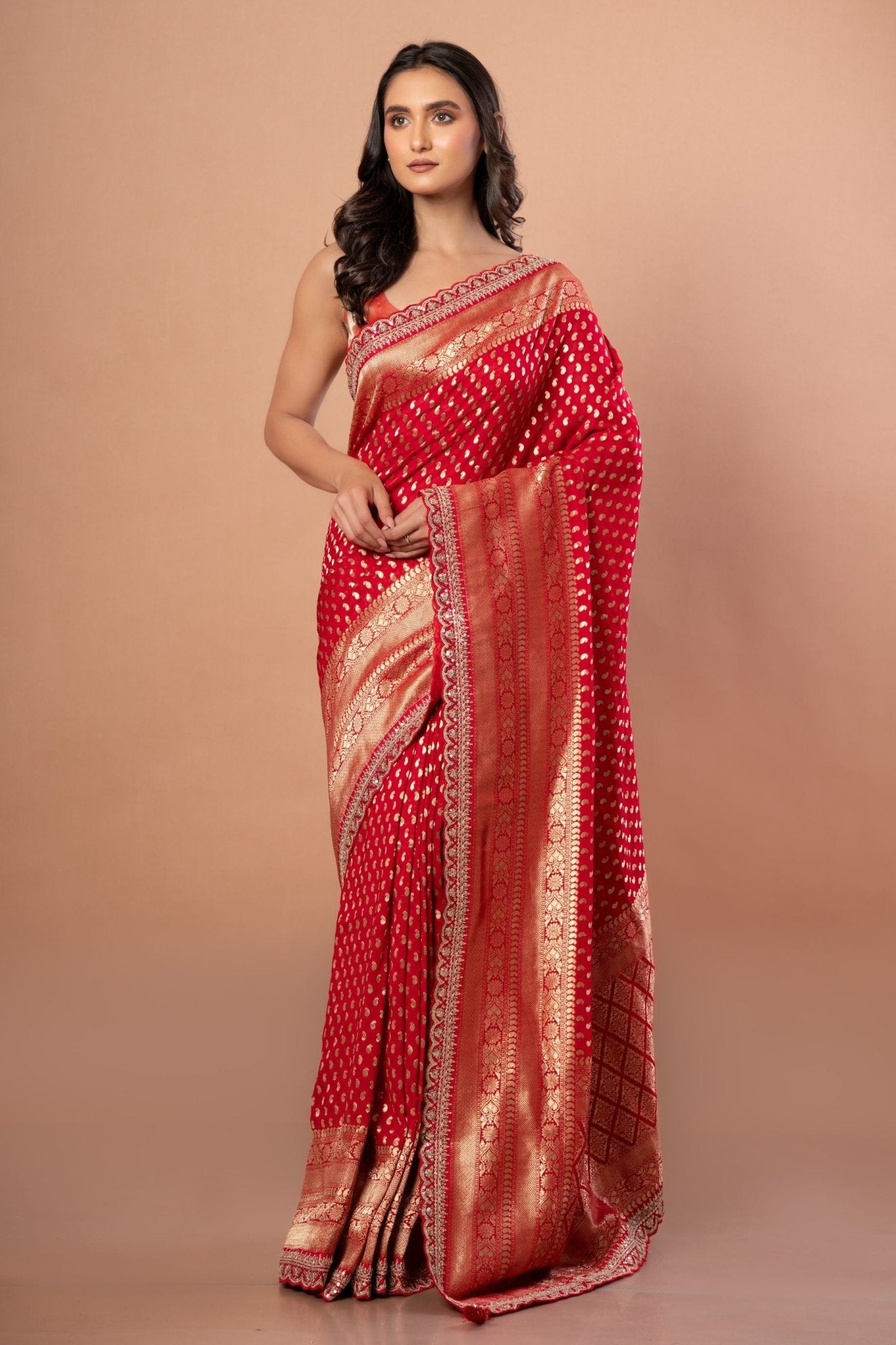 Red Banarsi Wedding Saree With All over Zari work and Embroidered Lace Border - Anvi Couture - front 2