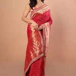 Red Banarsi Wedding Saree With All over Zari work and Embroidered Lace Border - Anvi Couture - front 3