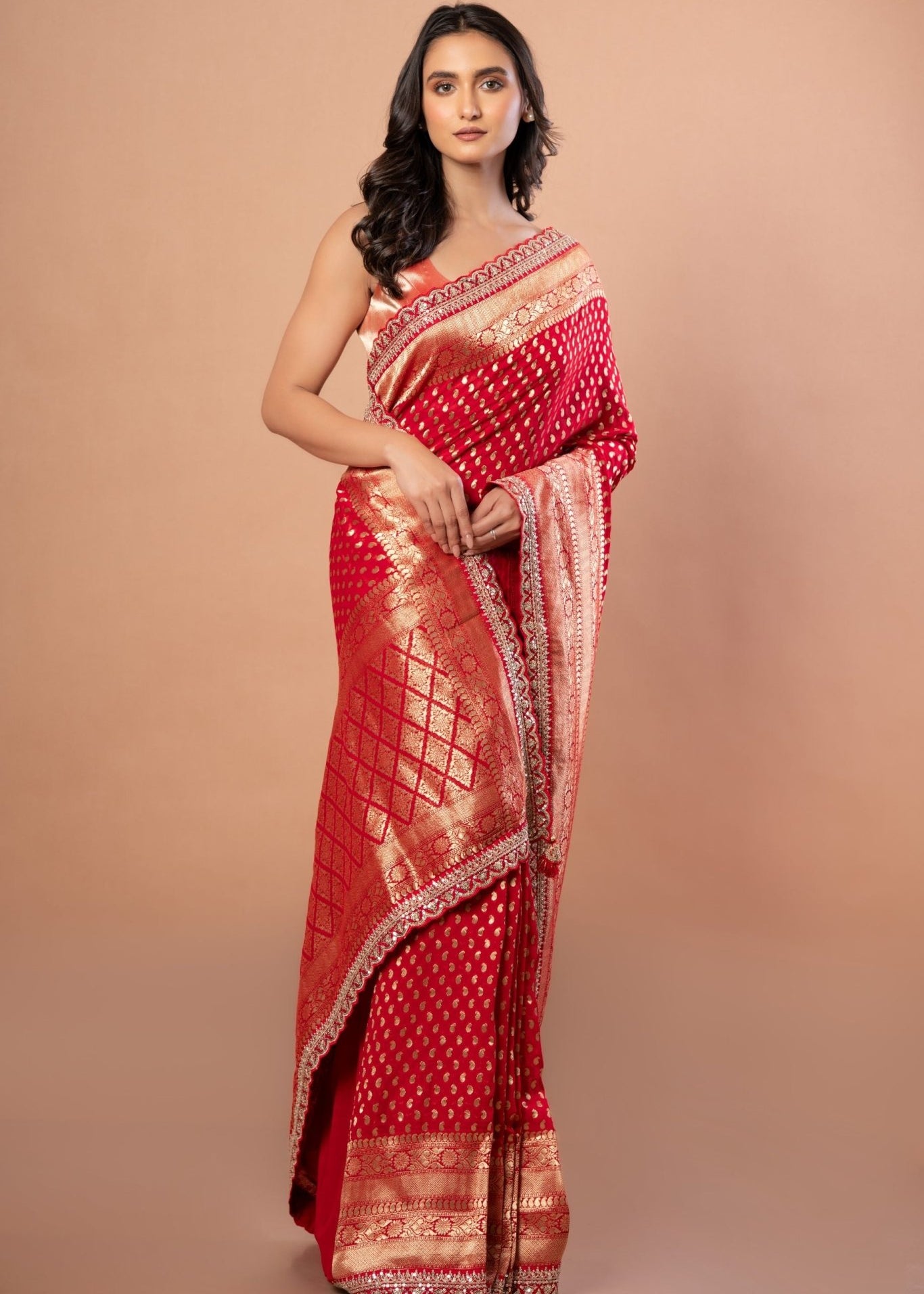 Red Banarsi Wedding Saree With All over Zari work and Embroidered Lace Border - Anvi Couture - front 3