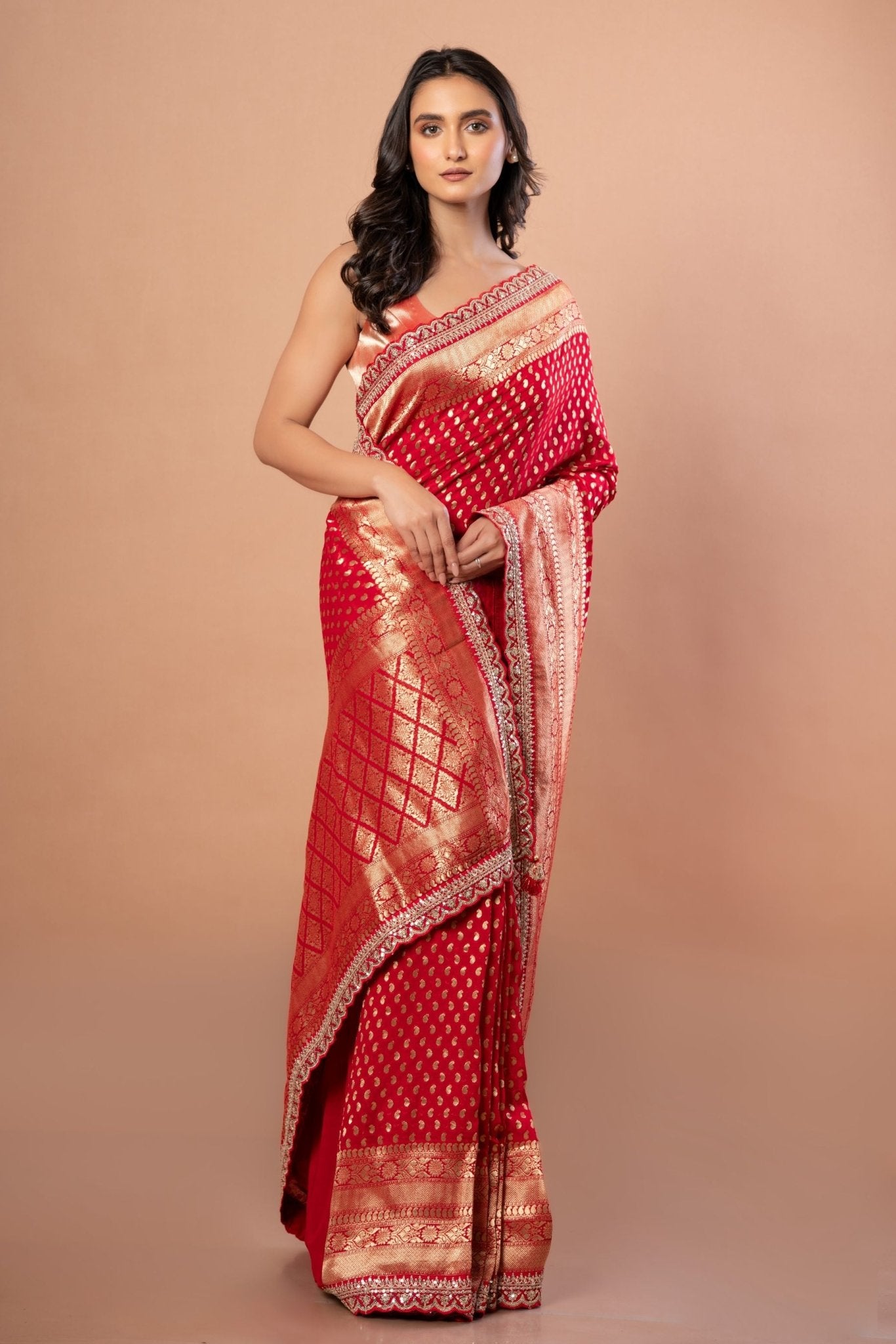 Red Banarsi Wedding Saree With All over Zari work and Embroidered Lace Border - Anvi Couture - front 3