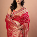 Red Banarsi Wedding Saree With All over Zari work and Embroidered Lace Border - Anvi Couture - front 4