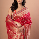 Red Banarsi Wedding Saree With All over Zari work and Embroidered Lace Border - Anvi Couture - front 4