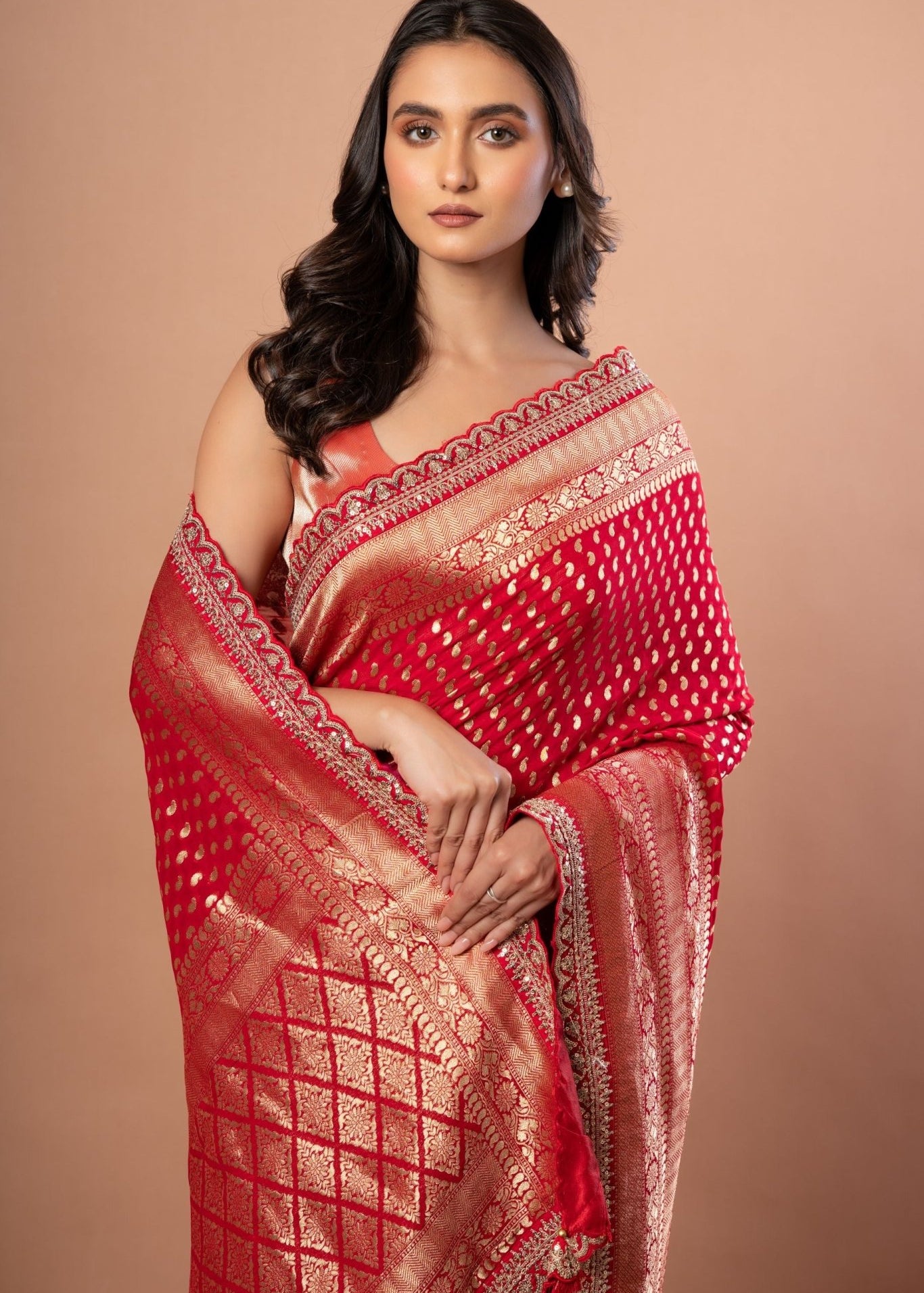 Red Banarsi Wedding Saree With All over Zari work and Embroidered Lace Border - Anvi Couture - front 4