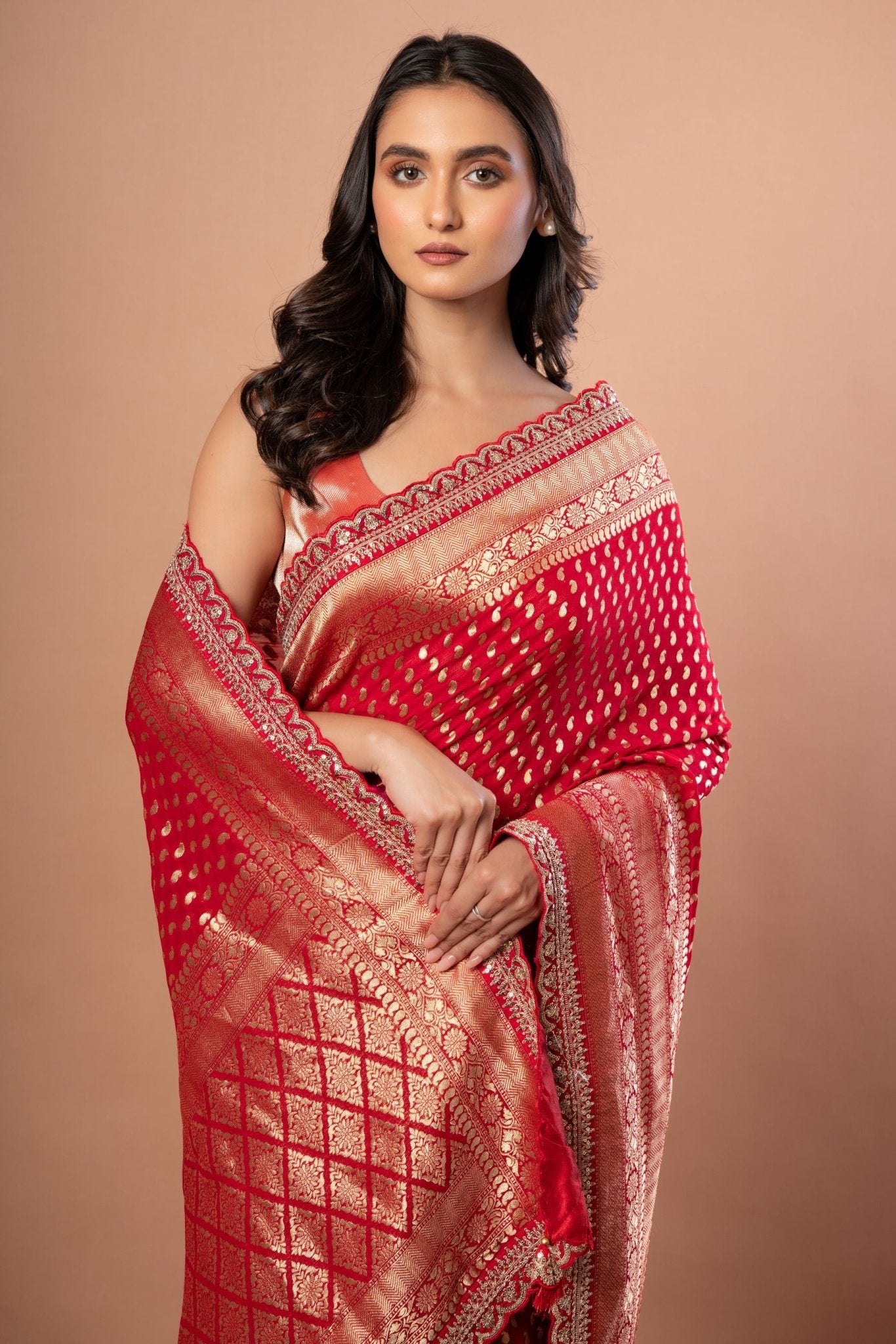 Red Banarsi Wedding Saree With All over Zari work and Embroidered Lace Border - Anvi Couture - front 4