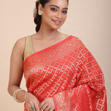 Red Bandhani Handloom Banarasi Saree - Anvi Couture