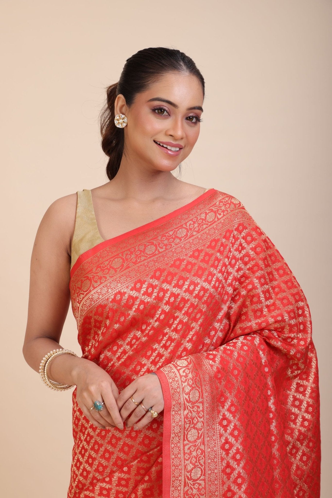 Red Bandhani Handloom Banarasi Saree - Anvi Couture