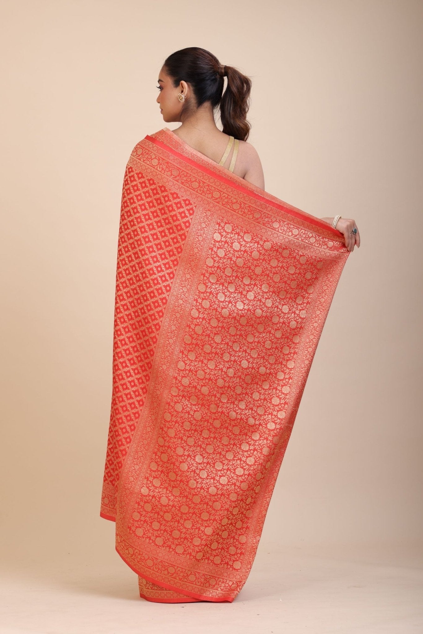 Red Bandhani Handloom Banarasi Saree - Anvi Couture