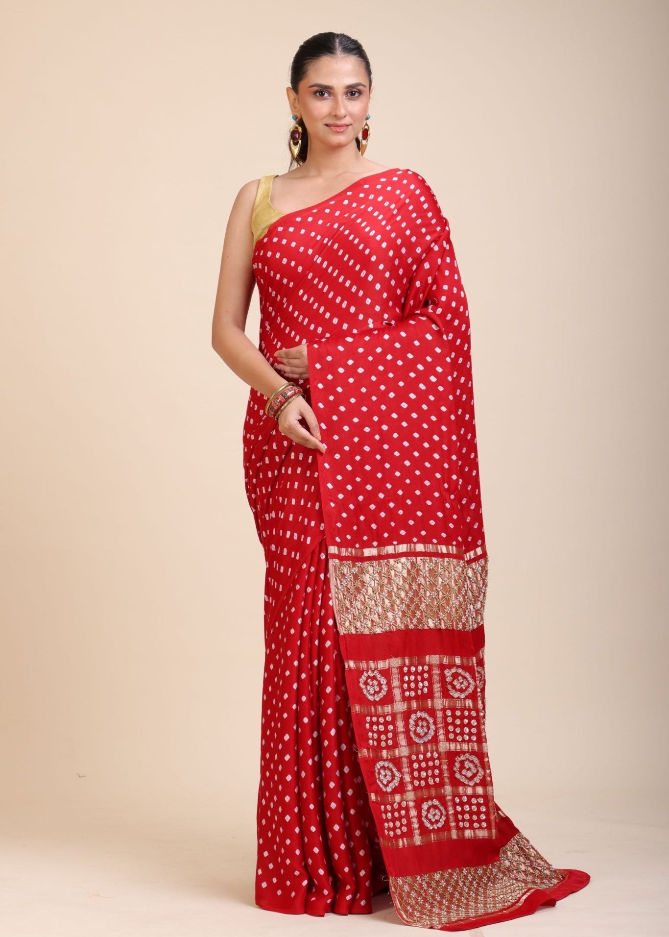 Red Bhadhani Mashru Silk Saree With Hand Embroidered Work - Anvi Couture