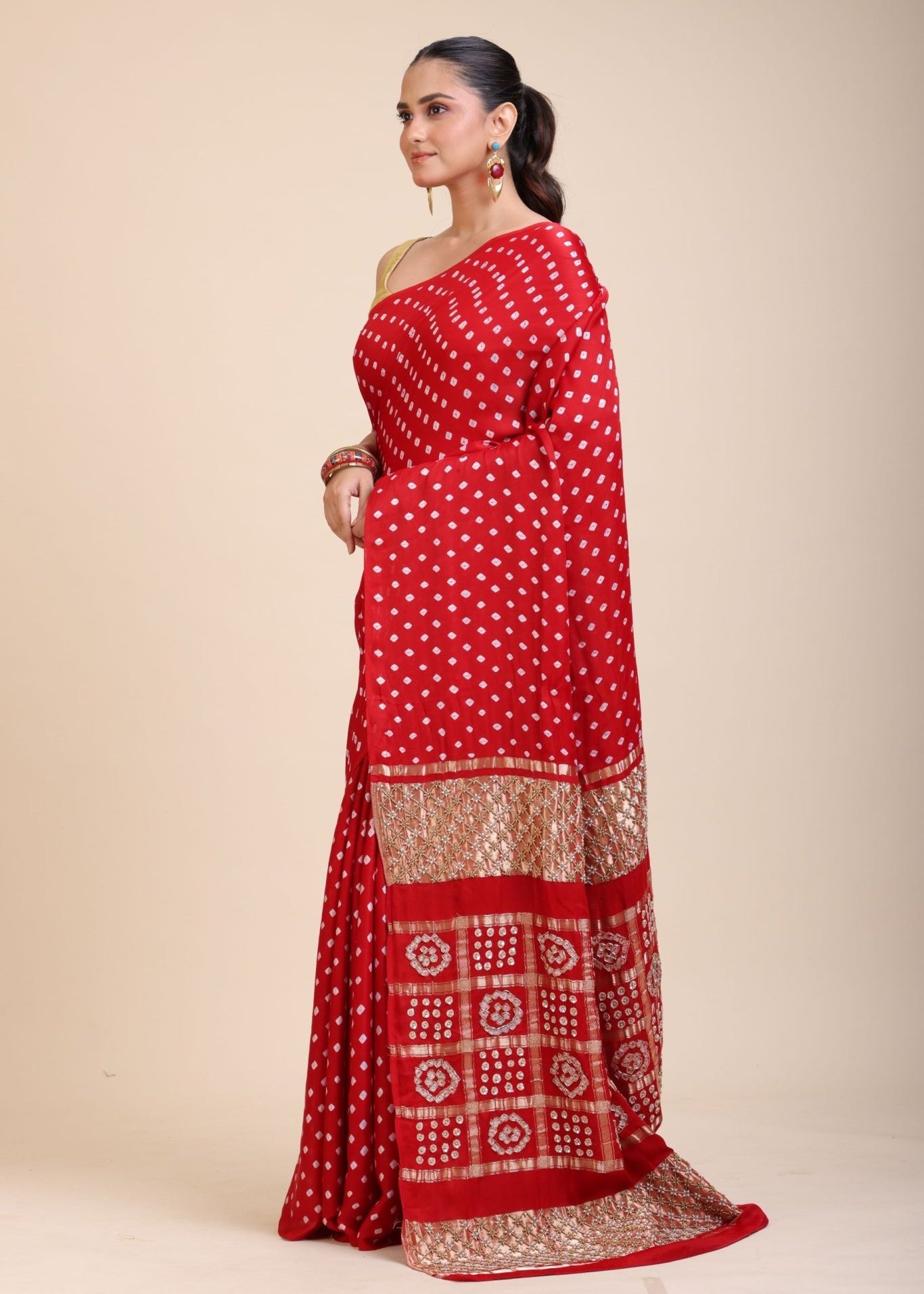 Red Bhadhani Mashru Silk Saree With Hand Embroidered Work - Anvi Couture