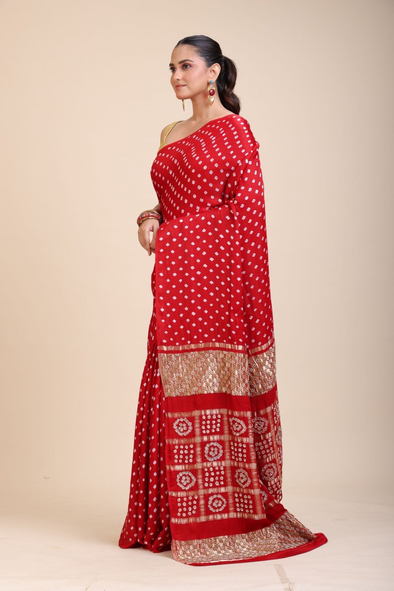 Red Bhadhani Mashru Silk Saree With Hand Embroidered Work - Anvi Couture