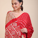 Red Bhadhani Mashru Silk Saree With Hand Embroidered Work Close Up
