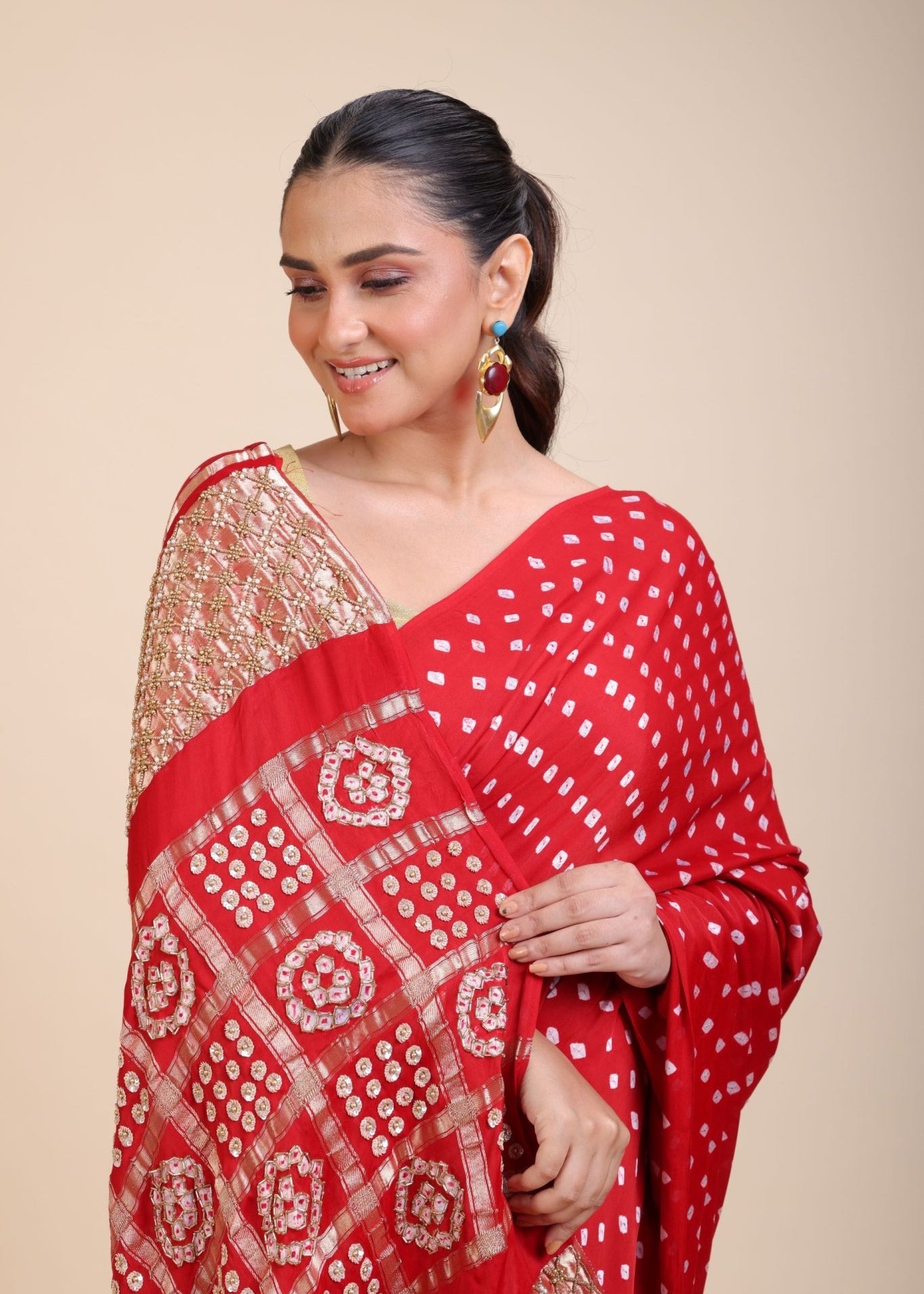 Red Bhadhani Mashru Silk Saree With Hand Embroidered Work - Anvi Couture